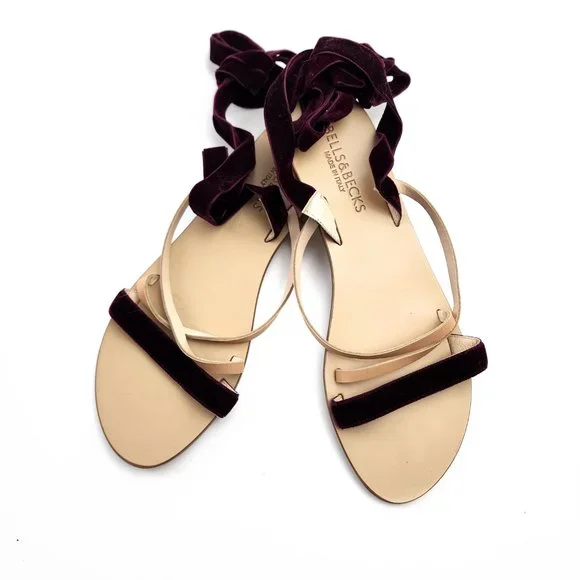 Bells & Becks Italy Velvet Leather Strappy Sandals Maroon Open Toe 8.5 Tie Ankle - Picture 8 of 8